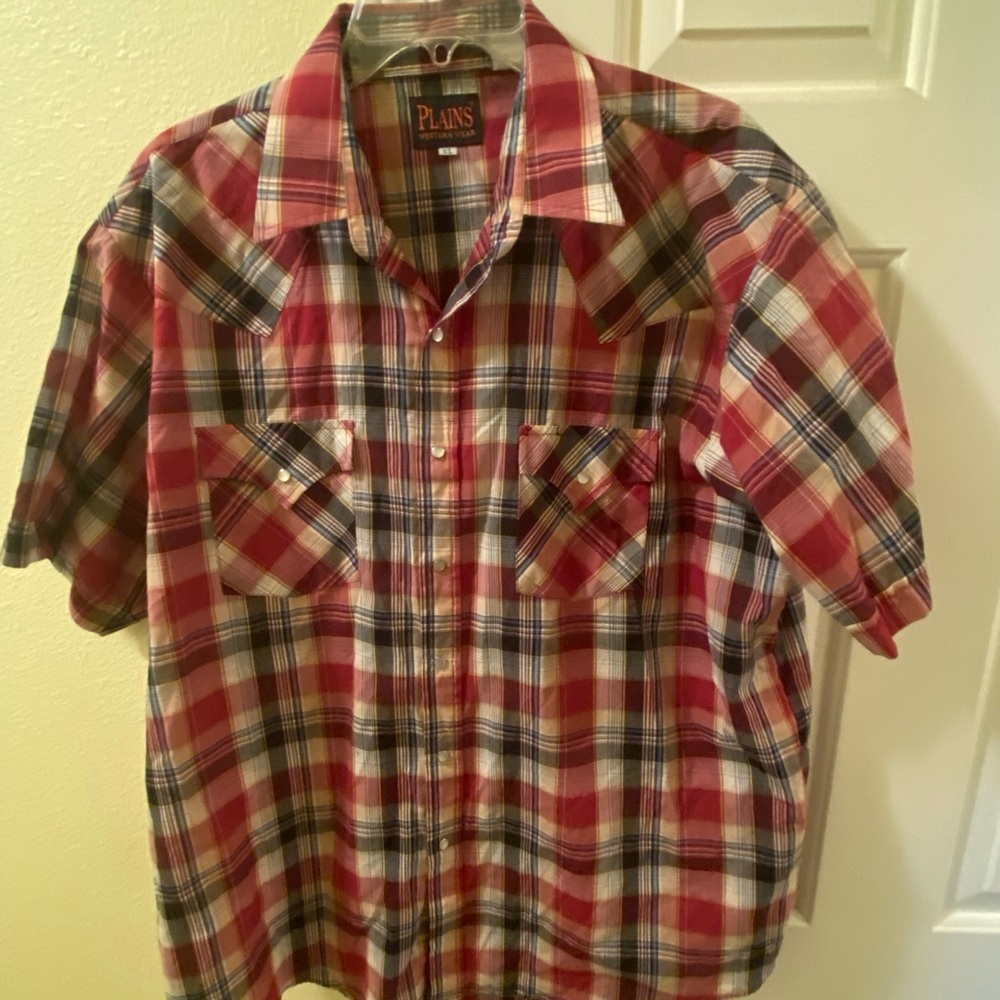 Men’s Plains Western Wear short sleeve Red plaid Pearl Snap XL